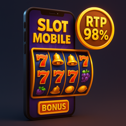 Gambar 3D smartphone dengan slot machine menampilkan simbol 777 dan badge RTP 98% di layar.